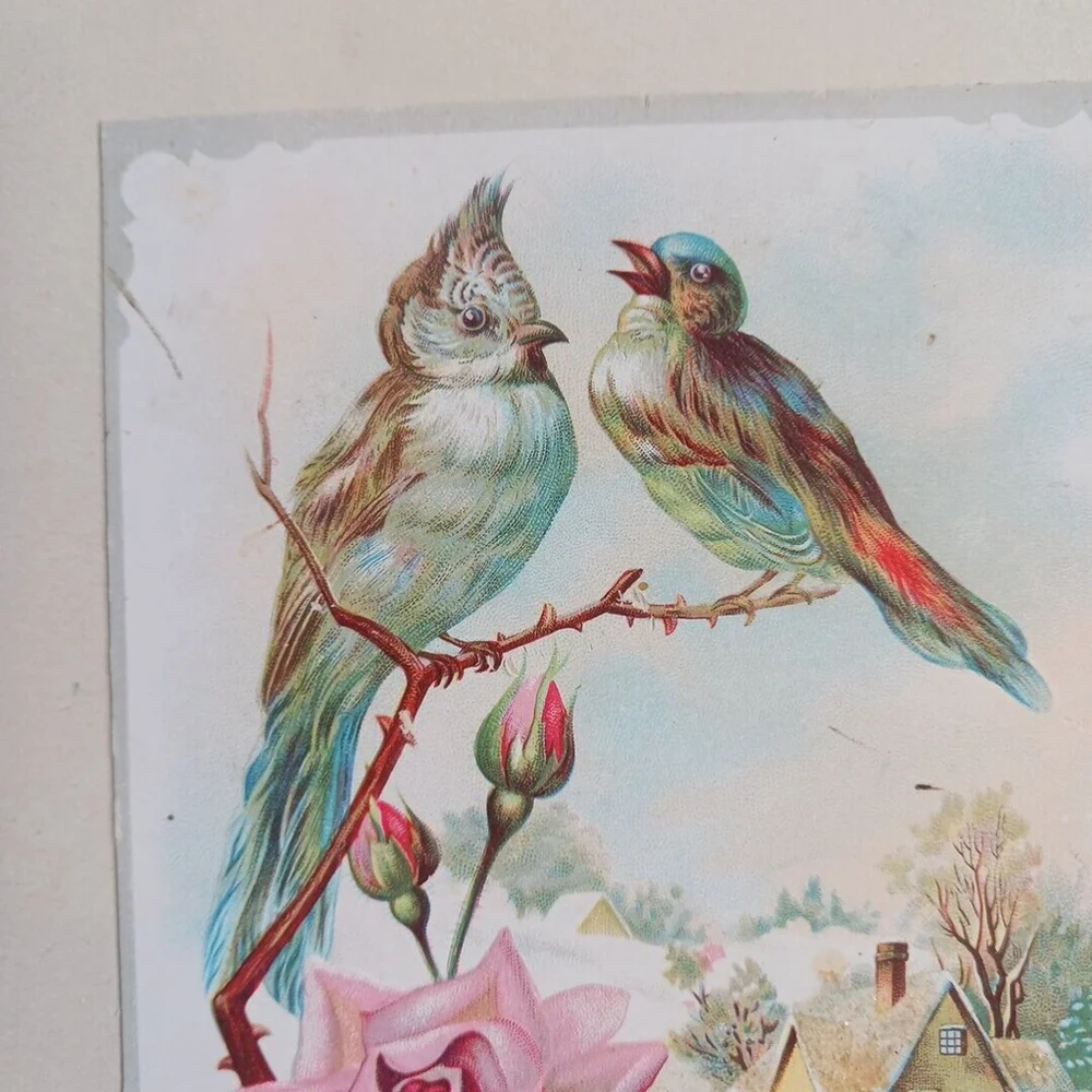 Victorian Antique Embossed Holiday Greeting Card Birds Rose
